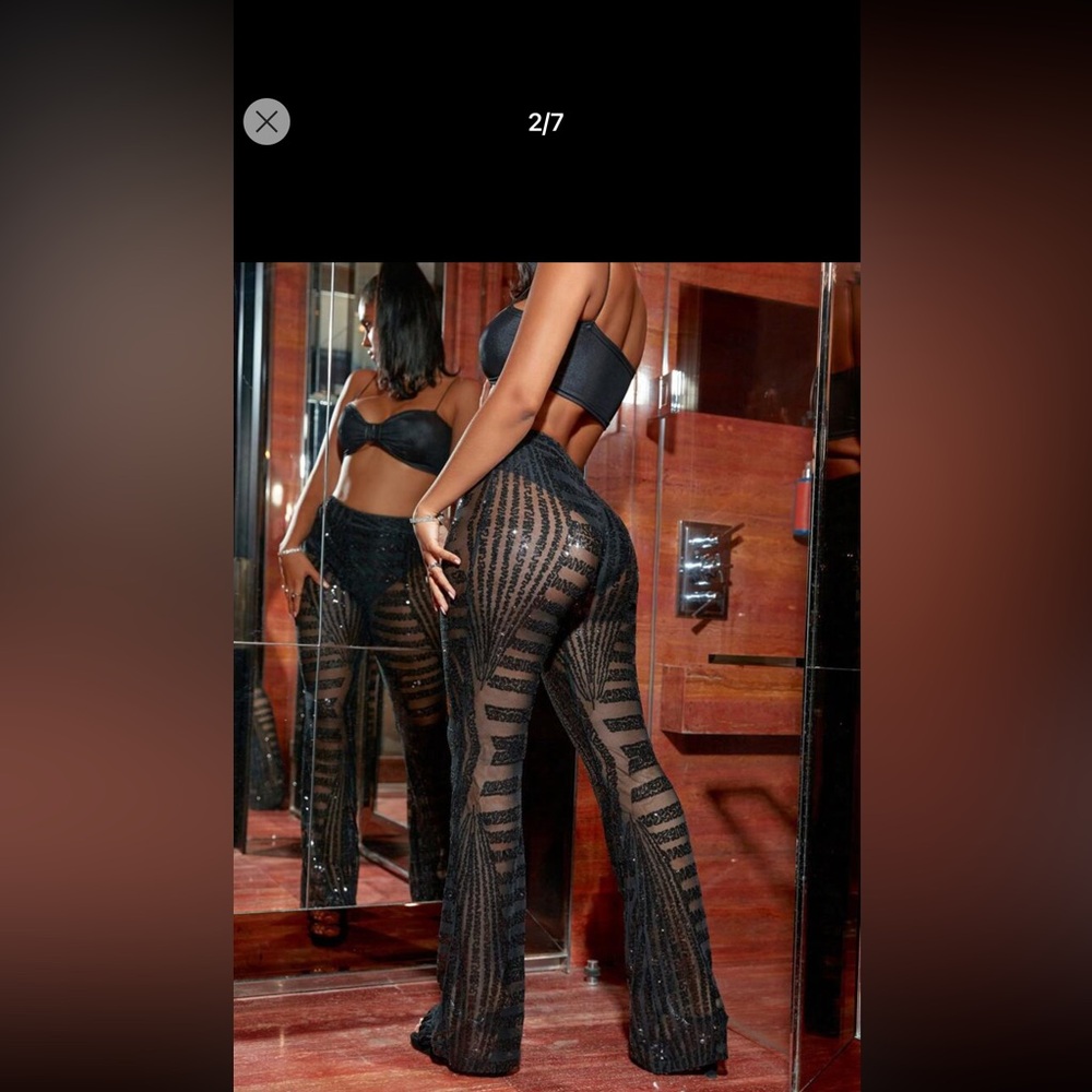 Apperloth A Festival Rave High Waist Sequin Mesh Flare Leg Club Pants With Panty